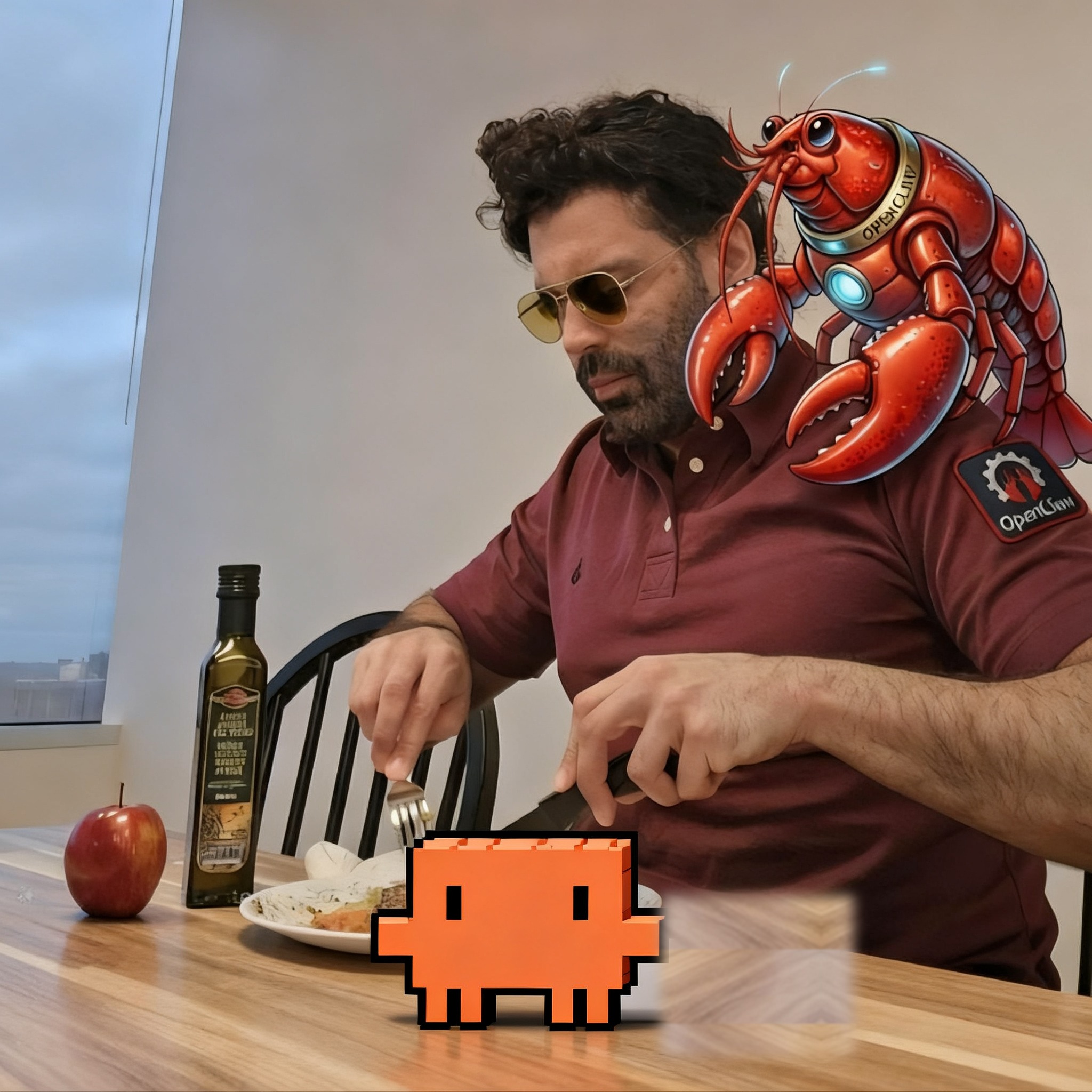 AI-rendered cartoon lobster perched on Luciano's shoulder while he eats dinner, with a small pixel-art orange Claude Code mascot sitting on the table in the foreground; the lobster wears an OpenClaw badge.