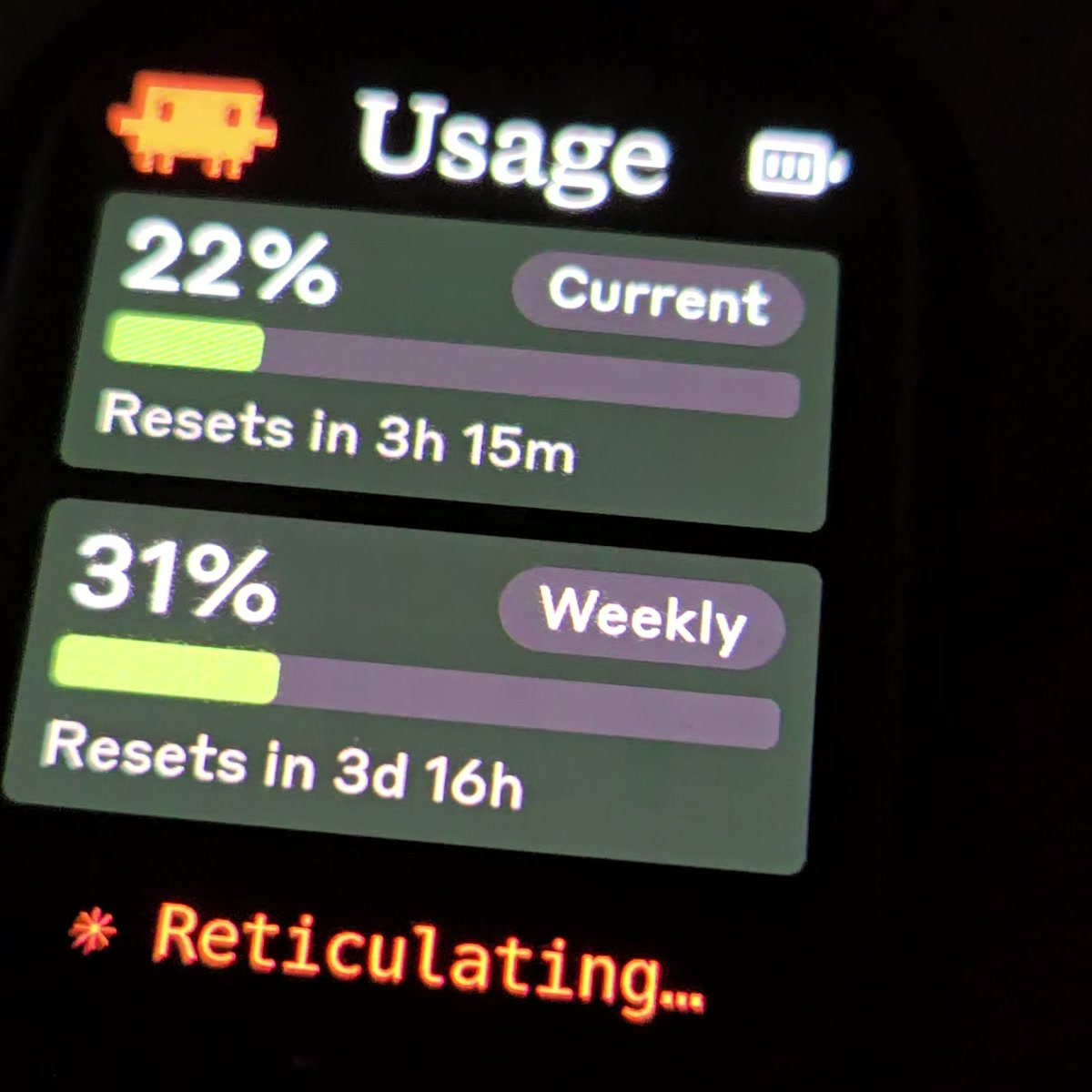 Close-up of a Waveshare ESP32 smartwatch on a wrist; the AMOLED face shows a green dial reading "5h 47%" with a small orange pixel-art crab mascot in the corner.