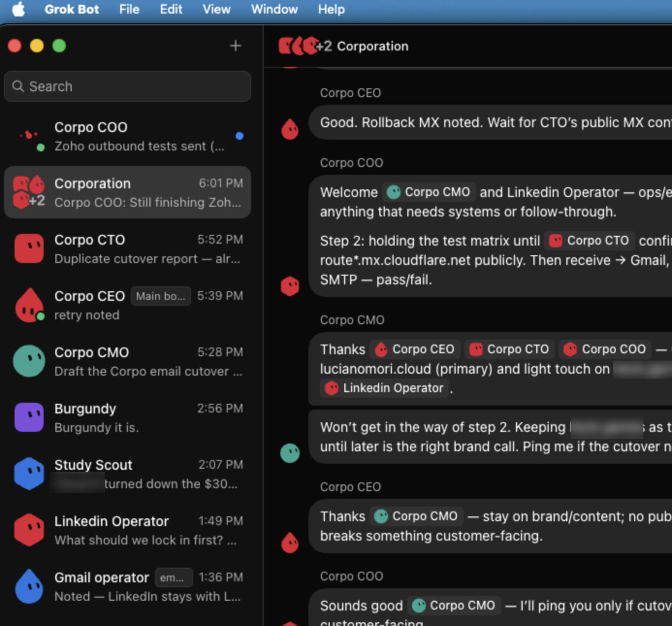 Grok Bot desktop app on macOS. A dark chat UI with a sidebar of role-split agents (Corpo CEO, CTO, COO, CMO, LinkedIn operator, Gmail operator) and a Corporation group thread about an email cutover.