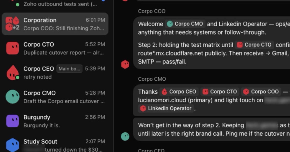Grok Bot desktop app on macOS. A dark chat UI with a sidebar of role-split agents (Corpo CEO, CTO, COO, CMO, LinkedIn operator, Gmail operator) and a Corporation group thread about an email cutover.