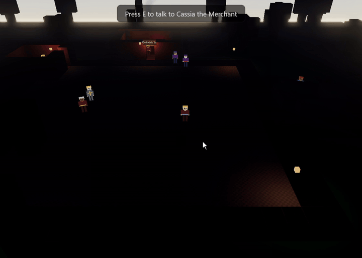 Multi-turn live chat with Cassia the Merchant in the voxel village: three player questions, three streaming replies from the Cloudflare Worker on Groq, no offline fallback.