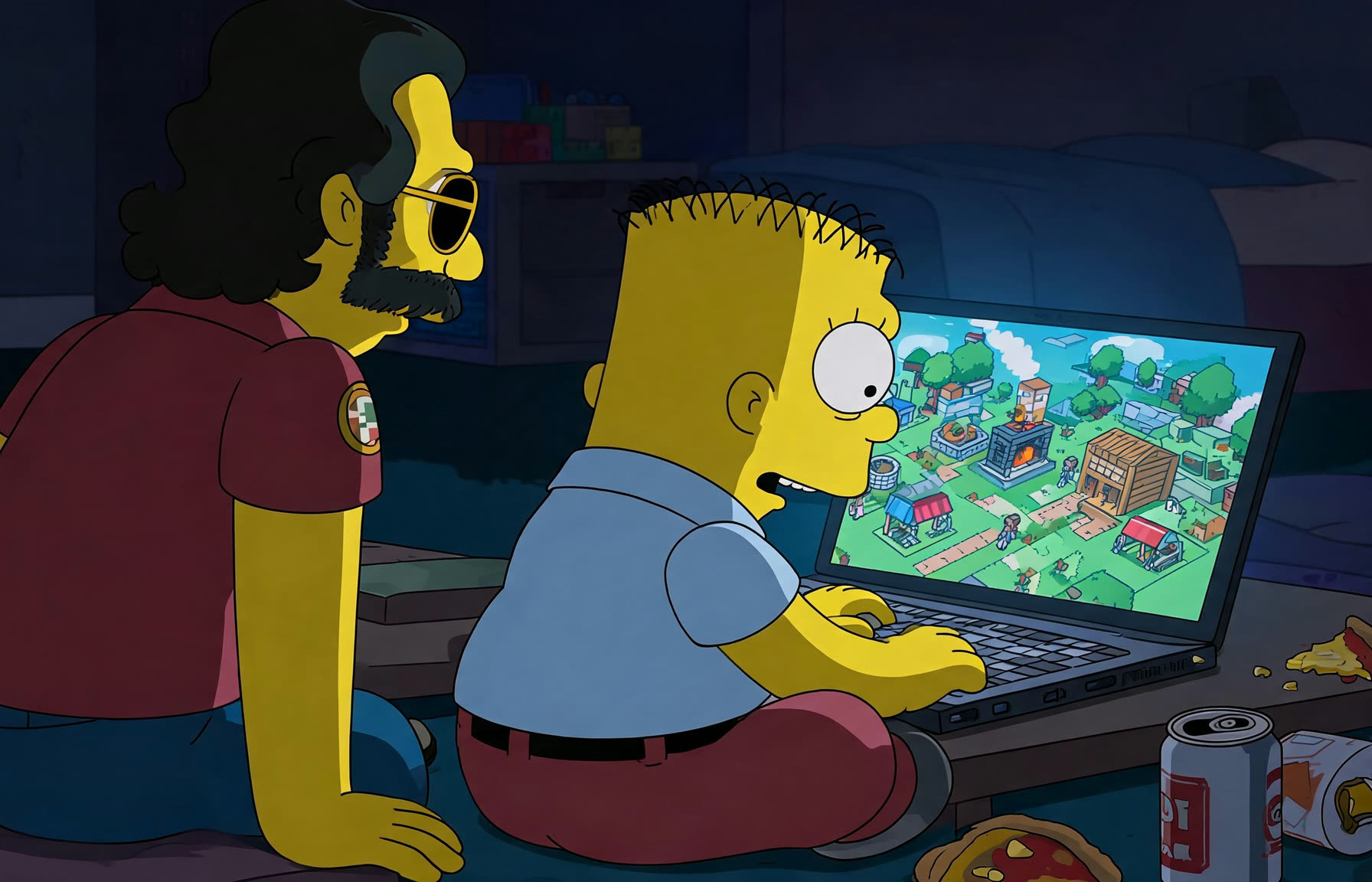 Ralph Wiggum and Luciano (drawn in Simpsons-style cartoon) sitting on the floor of a darkened bedroom at 2 a.m., watching a glowing laptop screen that displays a small voxel village. Soda can, pizza slice, and teddy bear scattered around.