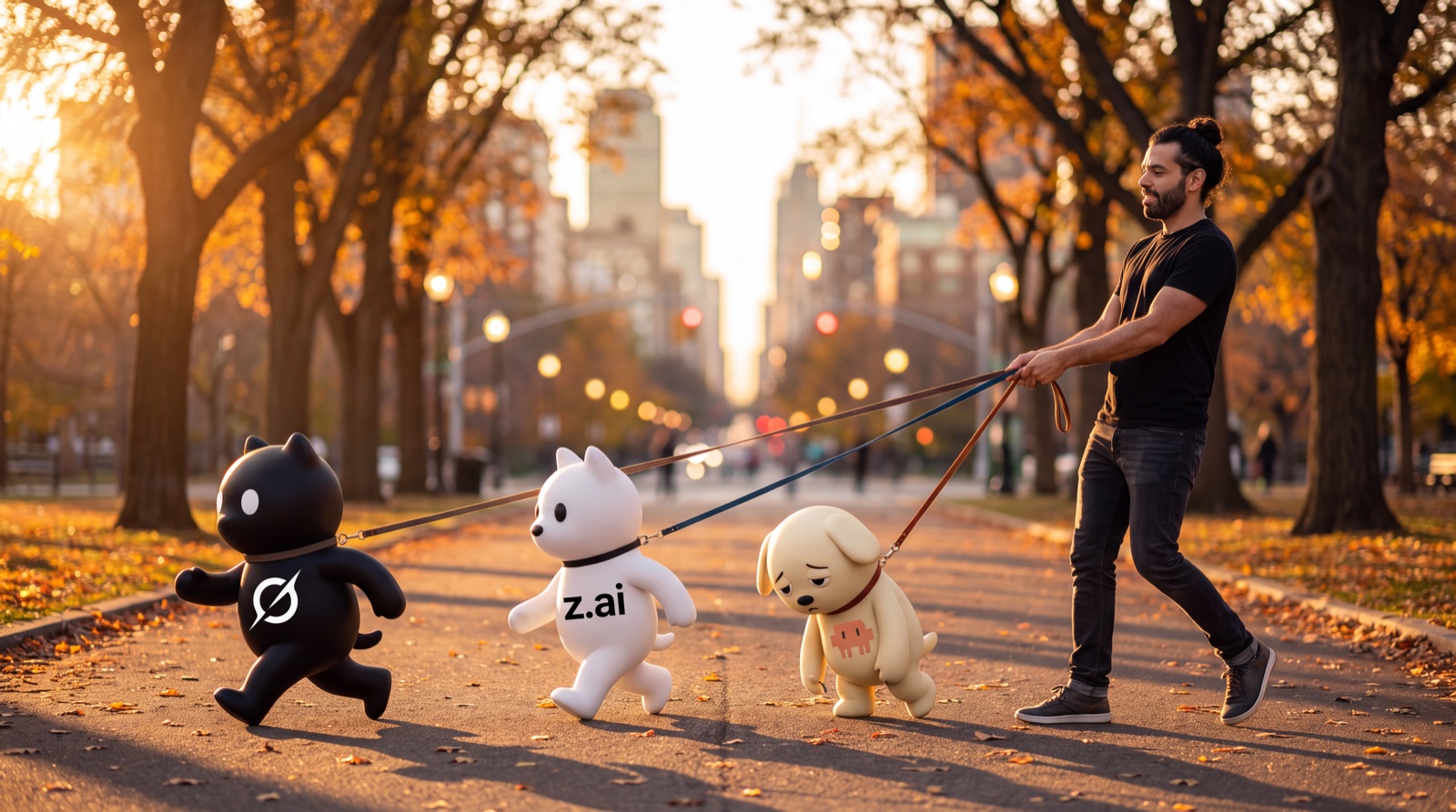 Luciano on a park path at golden hour, walking three logo-accurate AI mascots on leashes: Grok (black glyph) and z.ai/GLM (spark) striding ahead, Claude (orange asterisk) lagging on a shorter leash.