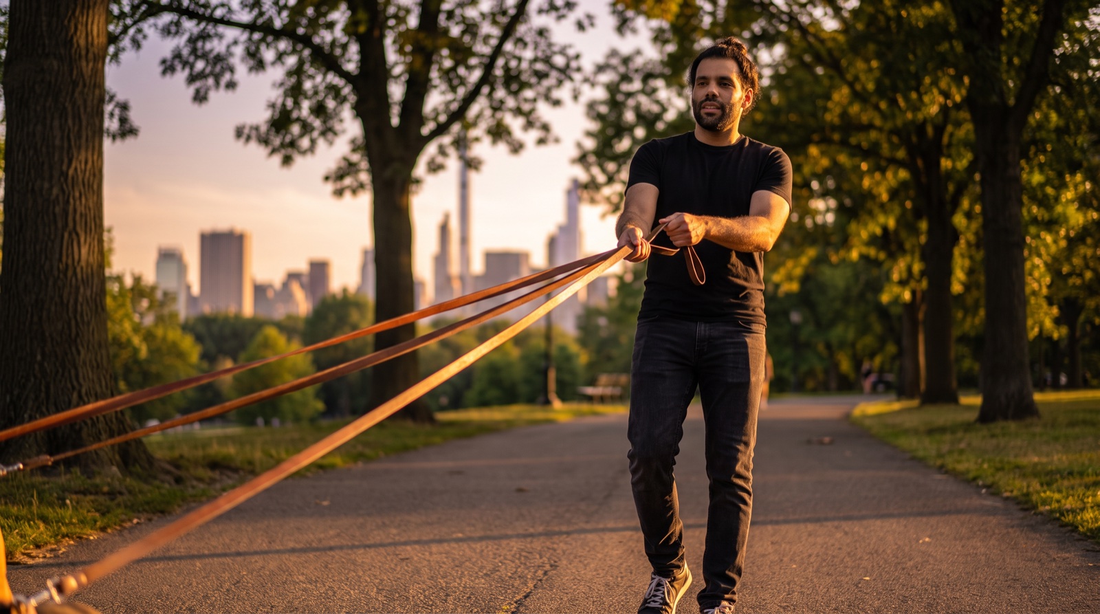 Luciano on a park path holding three taut leashes that fan forward off-frame; the walker, with the engines just out of shot.