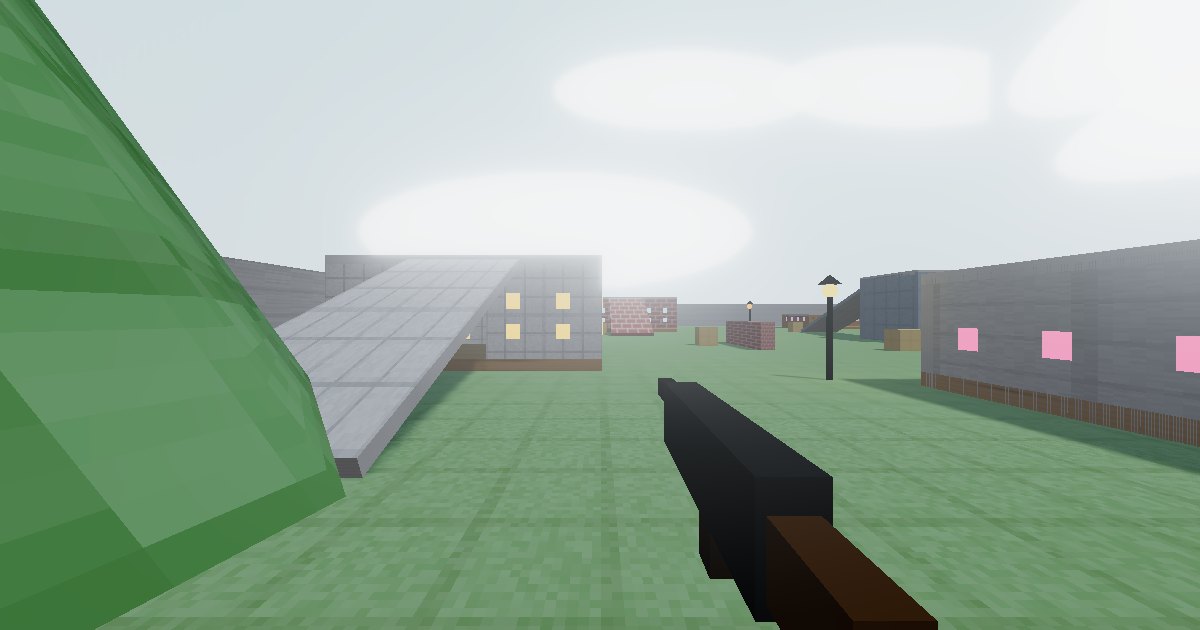 First-person view of a blocky voxel arena shooter; a held weapon in the foreground, low-poly cover blocks across a sandy plaza, a scoreboard and health bar in the HUD, and a second player visible across the map.